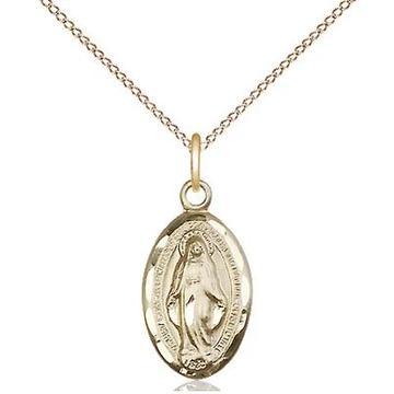 Miraculous Medal Necklace - 14K Gold - 5/8 Inch Tall by 3/8 Inch Wide with 18 inch Chain